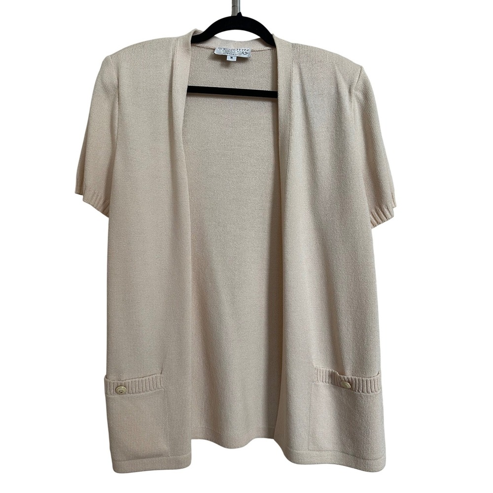 Vintage St. John Collection Cream Santana Knit Short Sleeve Cardigan Sweater M